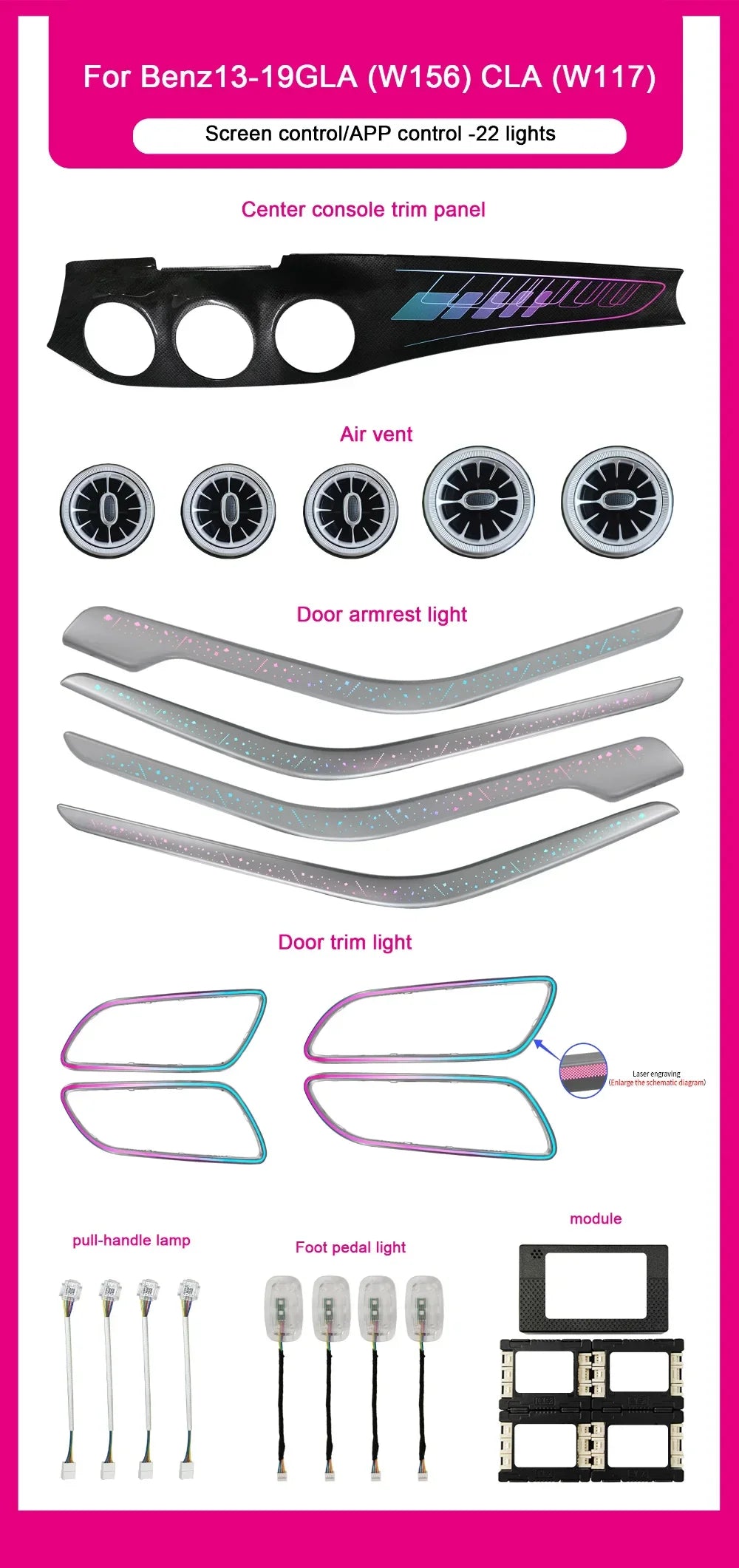 For Mercedes-Benz Cla Gla A B-Class 64-color Interior Lighting