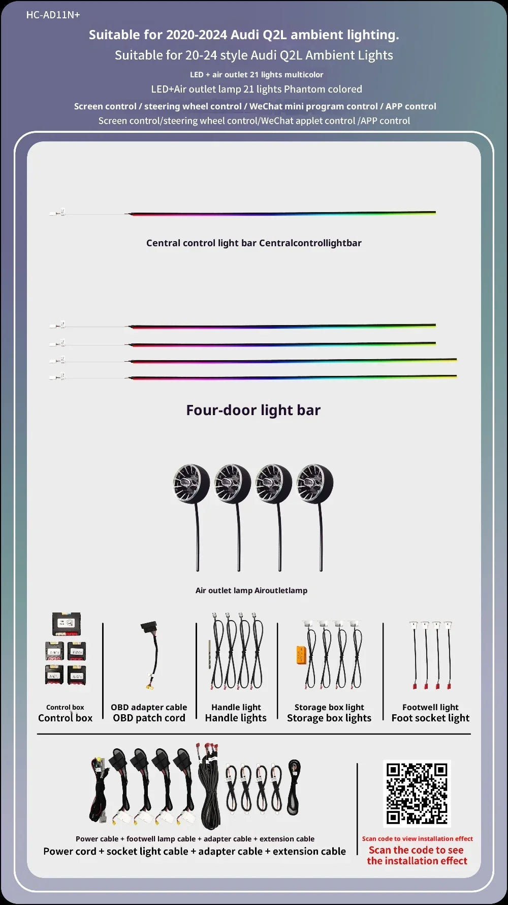 For Audi Q2 2019-2024 LED Interior Ambient Atmosphere Lighting