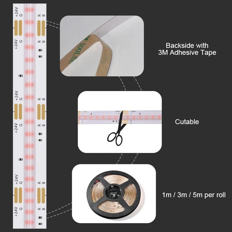 For Indoor Room Decor RGB Cob Strip Bar Meters 12V 24V Flexible