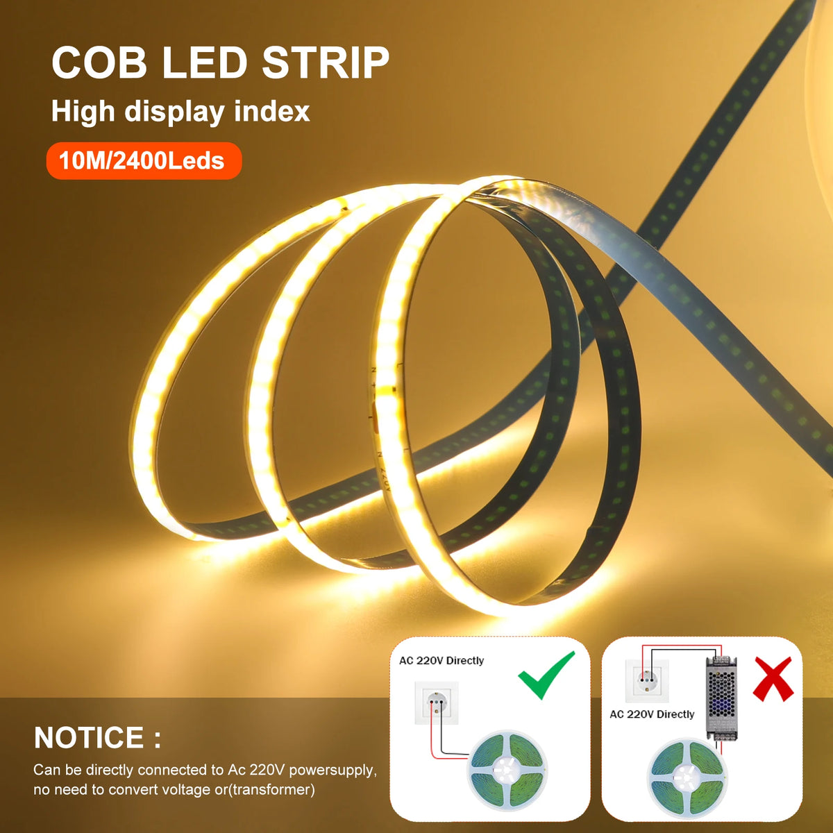 5M 10M 20M 50M Roll Cob Strip Ac 220V