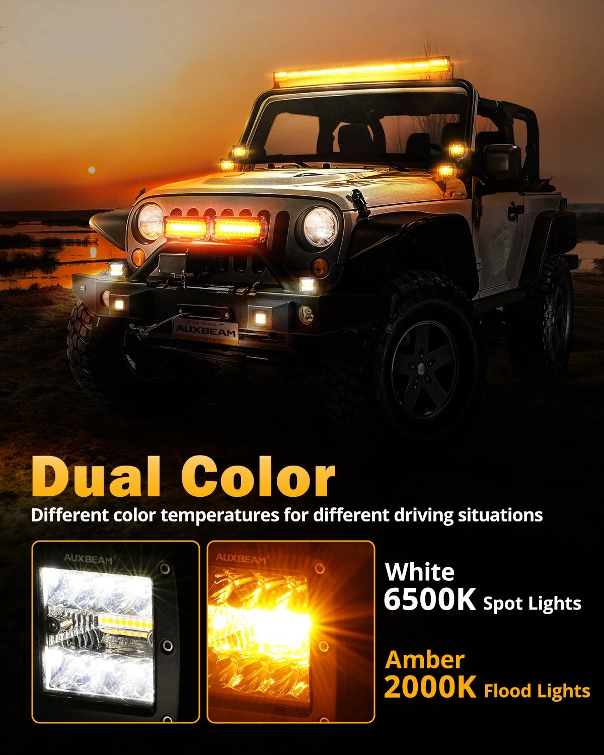 Auxbeam 3inch 72W Square Work Pod Dual Color Lighting