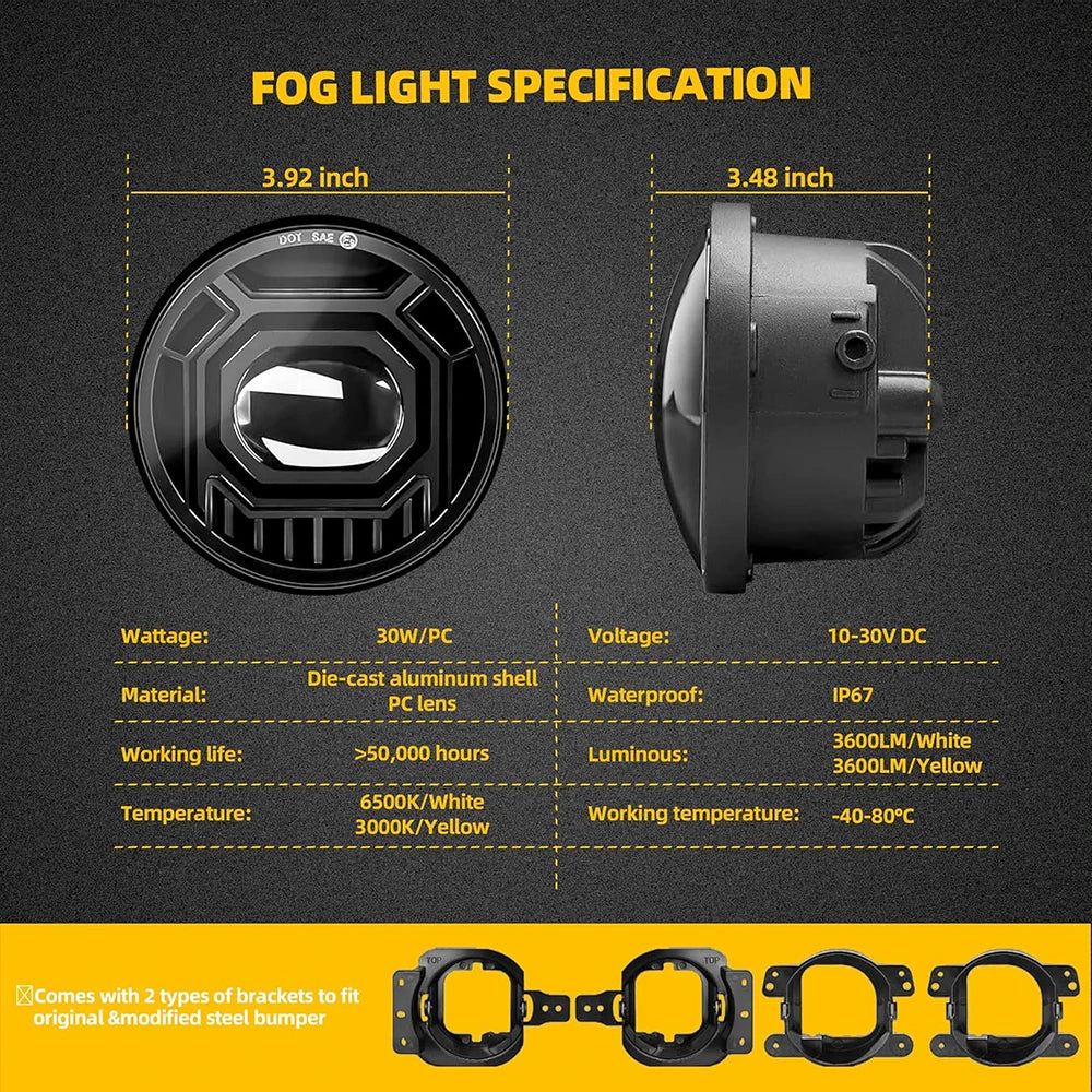 For Jeep Wrangler Jl Jlu 4XE 2PCS Inch Dual Color Fog Assembly