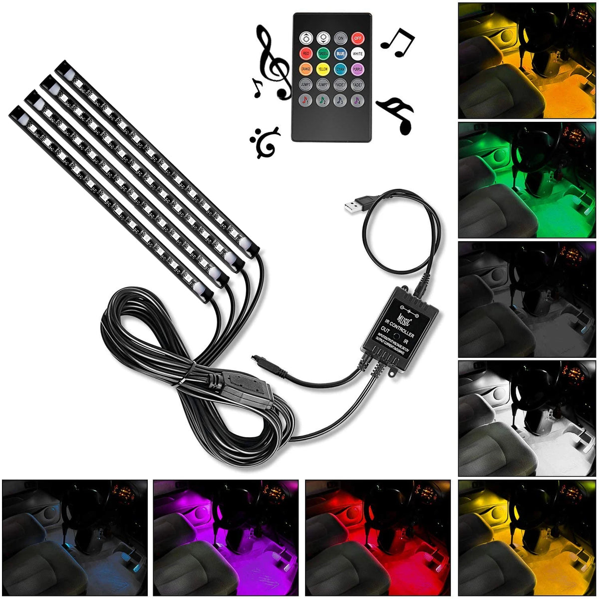 4PCS USB Interior Multicolor Music Strip Under Dash Lighting