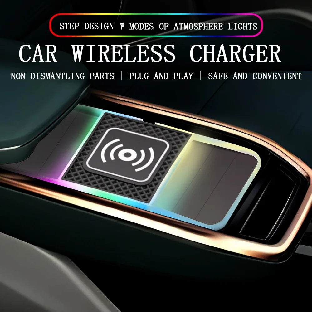 30W RGB Light Car Wireless Charger Pad for iPhone 15 14 13 12 11 Samsung S23 S22 Xiaomi Fast Wireless USB-A Phone Chargi