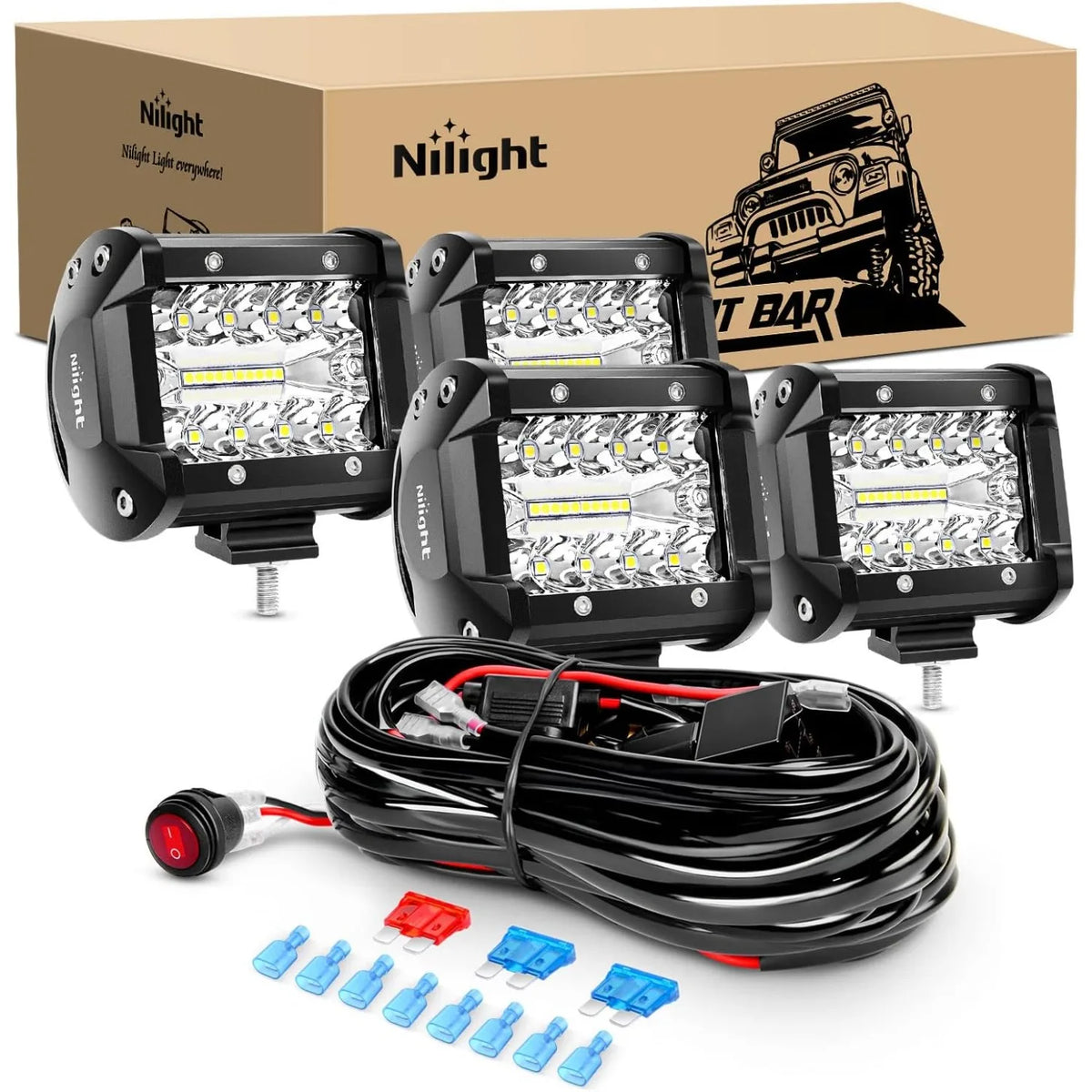 Nilight ZH416 4PCS 4inch 60W Triple Row Flood Spot