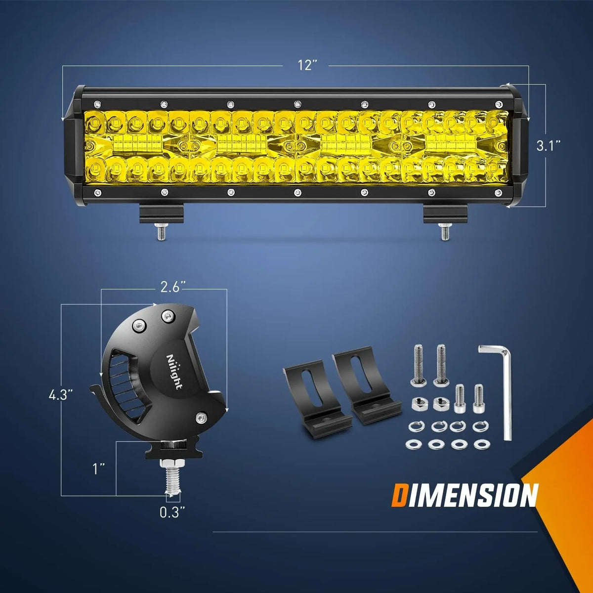 Nilight 12inch Amber Bar 240W Triple Row Spot Flood