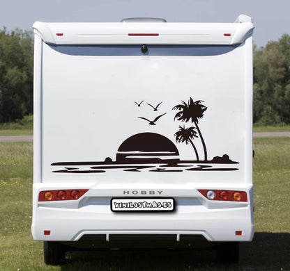 Large Sunset On Beach Tree Camper Rv Sticker Travel
