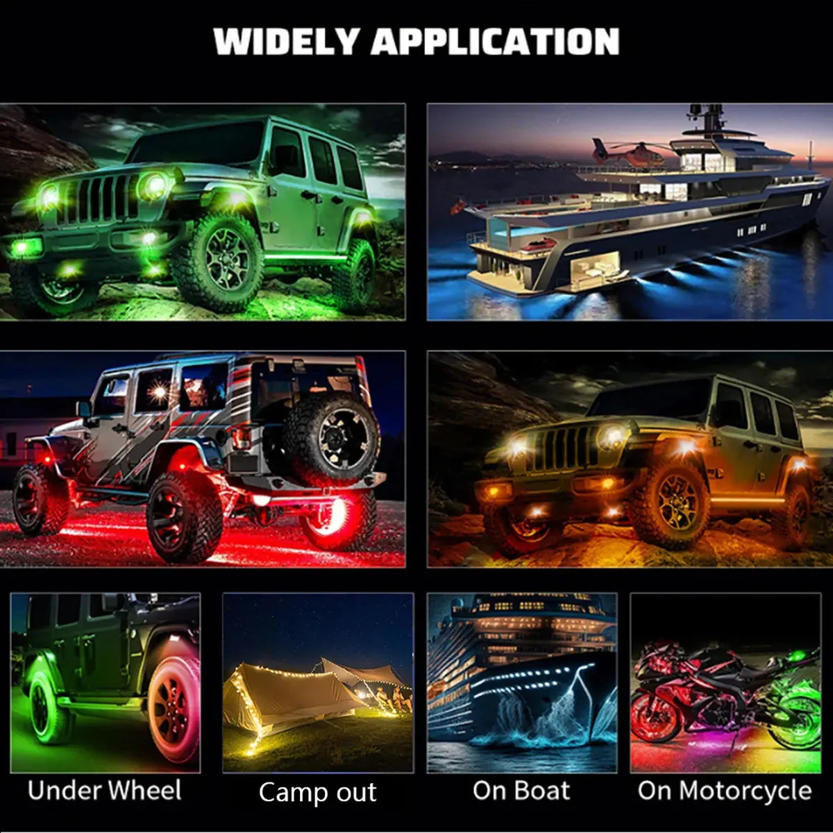 For Jeep 12PCS RGB Neon Rock 3D Lens Underglow Chassis Truck