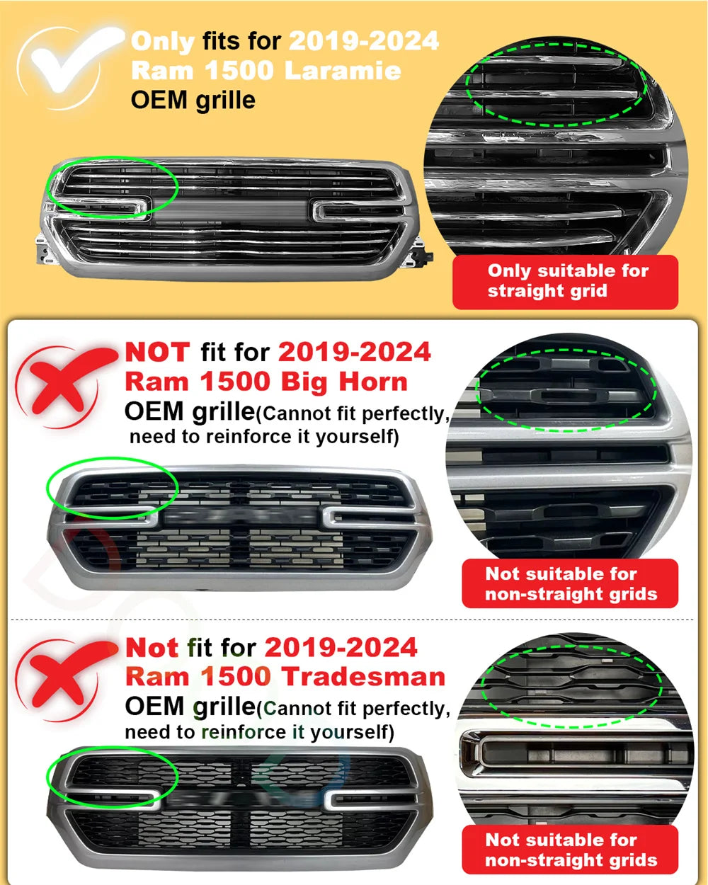 For 2019-2024 Dodge Ram 1500 Laramie Grill Grills Fit ABS Grille