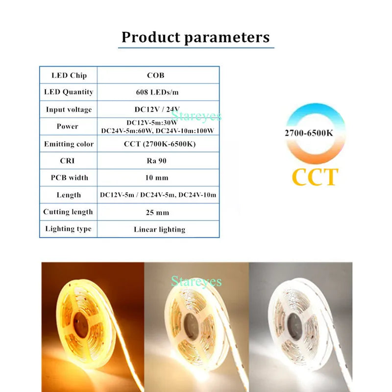 Cob Cct Strip dc12v 24V 608 M 5M 10M