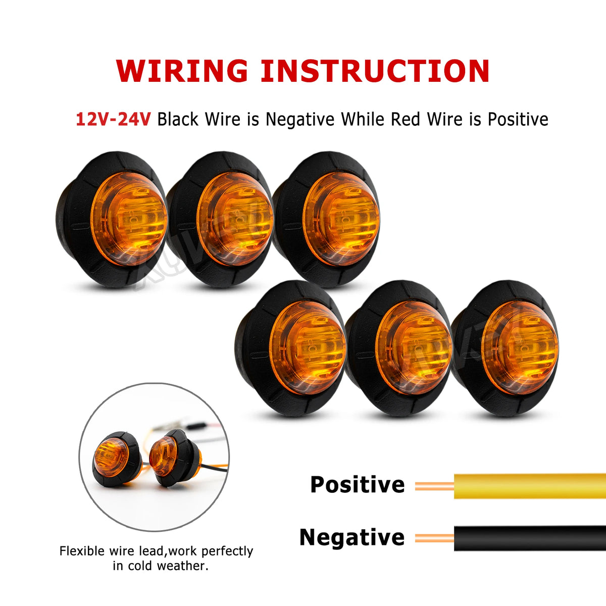 6PCS Round Side Marker 12V 24V Orange Amber Indicator