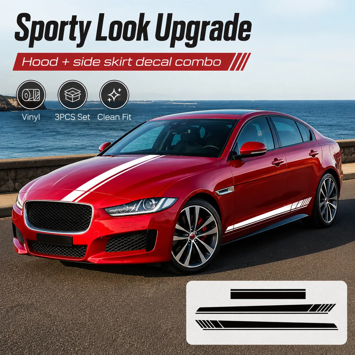 For Sedan 3PCS Black 190CM Side Skirt Vinyl Decal Sticker Body