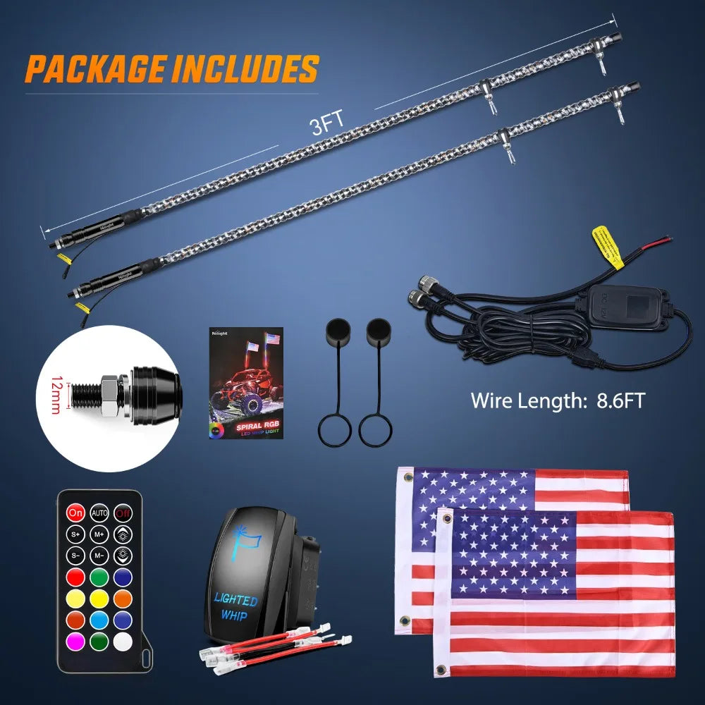 For Offroad Sand Rails Buggies Sxs 2PCS 5FT Whip RGB Waterproof