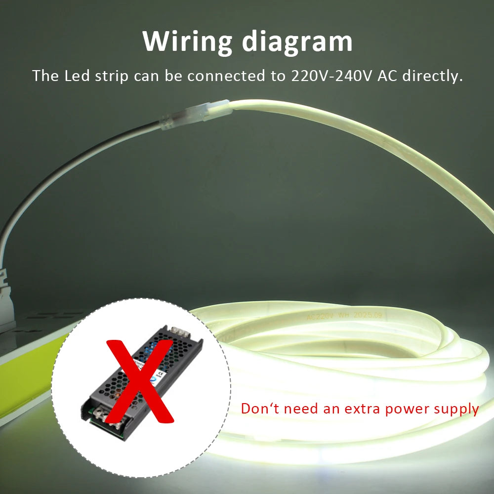 ac220v Cob Strip IP67 Waterproof Flexible Ribbon 2PIN Wire