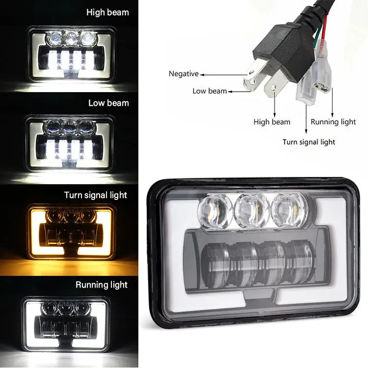 Square 4X6 Headlamp Hi Low Beam Amber Drl Turn
