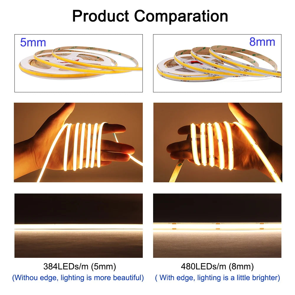 For Home Decor 3000K 4000K 6000K 5MM 8MM Cob Strip 12V 24V