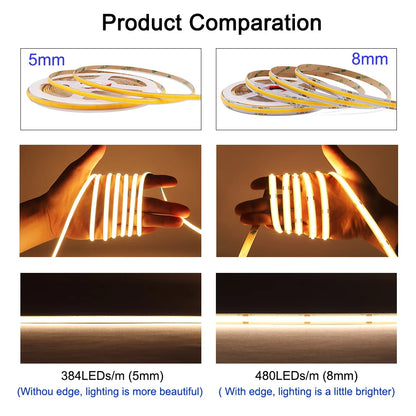 For Home Decor 3000K 4000K 6000K 5MM 8MM Cob Strip 12V 24V