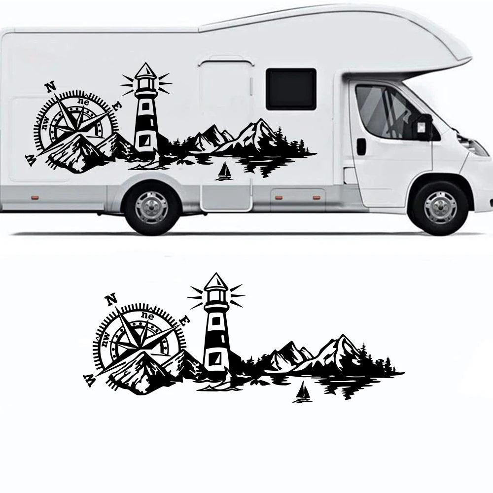 Large Compass Lighthouse Mountains Sea Camper Rv Sticker Decal