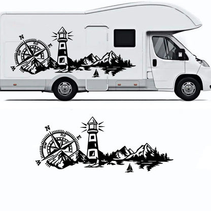 Large Compass Lighthouse Mountains Sea Camper Rv Sticker Decal