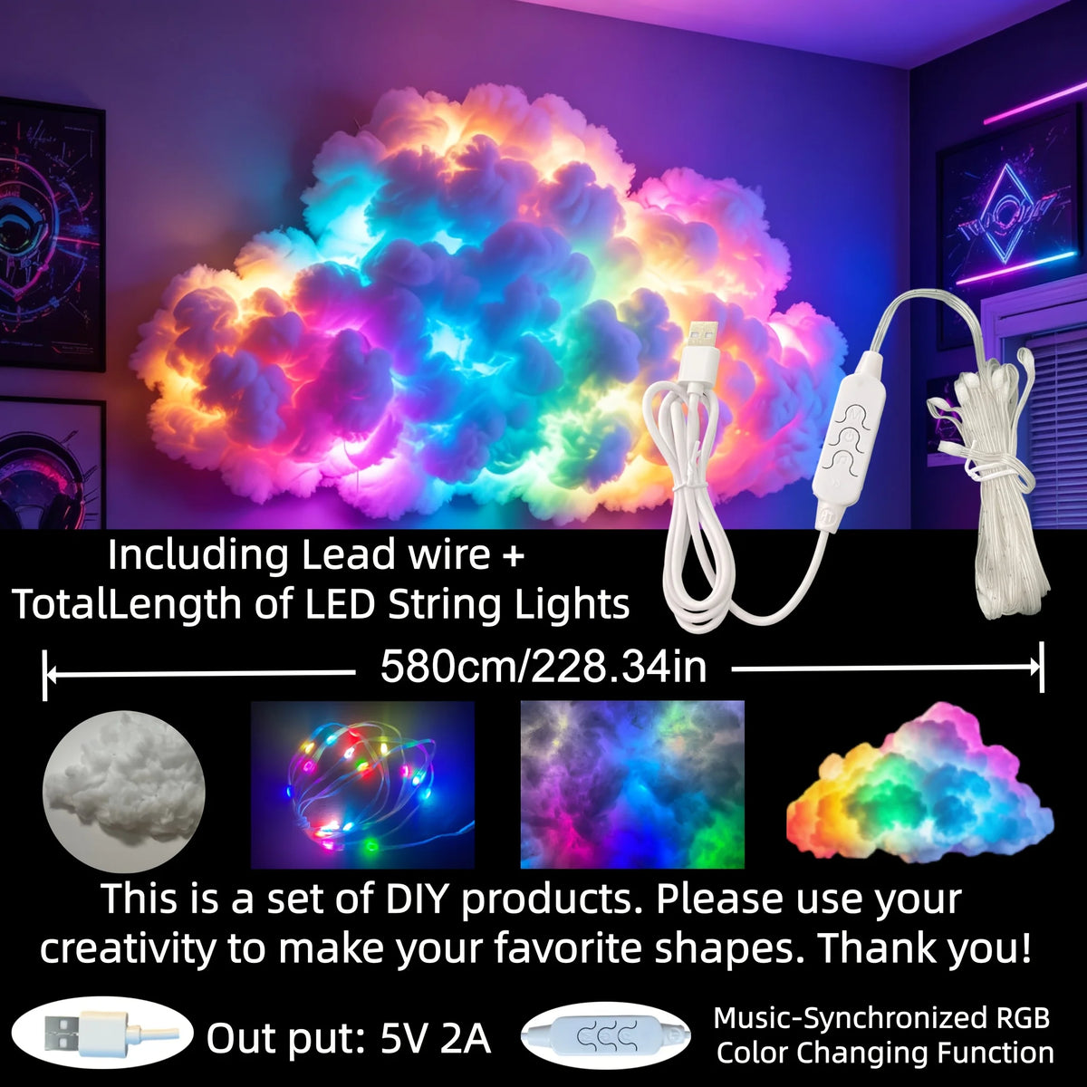 For Game Room 3D Thunder Cloud Night Music Sync Mode RGB Strip