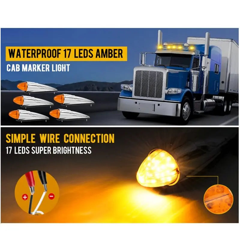 For Heavy Duty Truck 5PCS 12V Amber Roof Cab Marker Dot Compliant