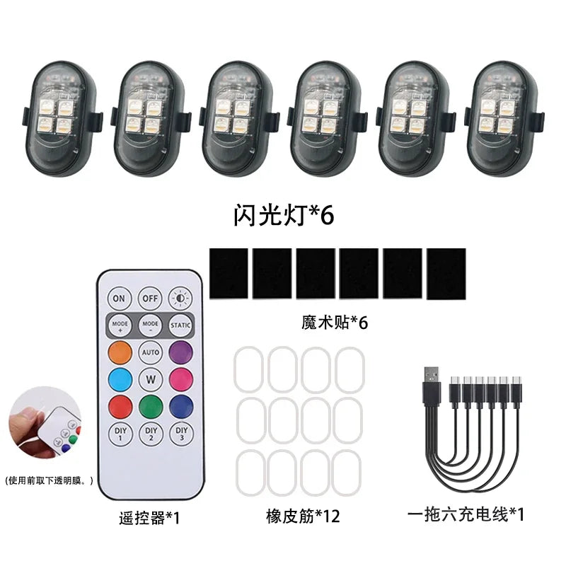 For Motorcycle 6PCS RGB Strobe USB Rechargeable Warning