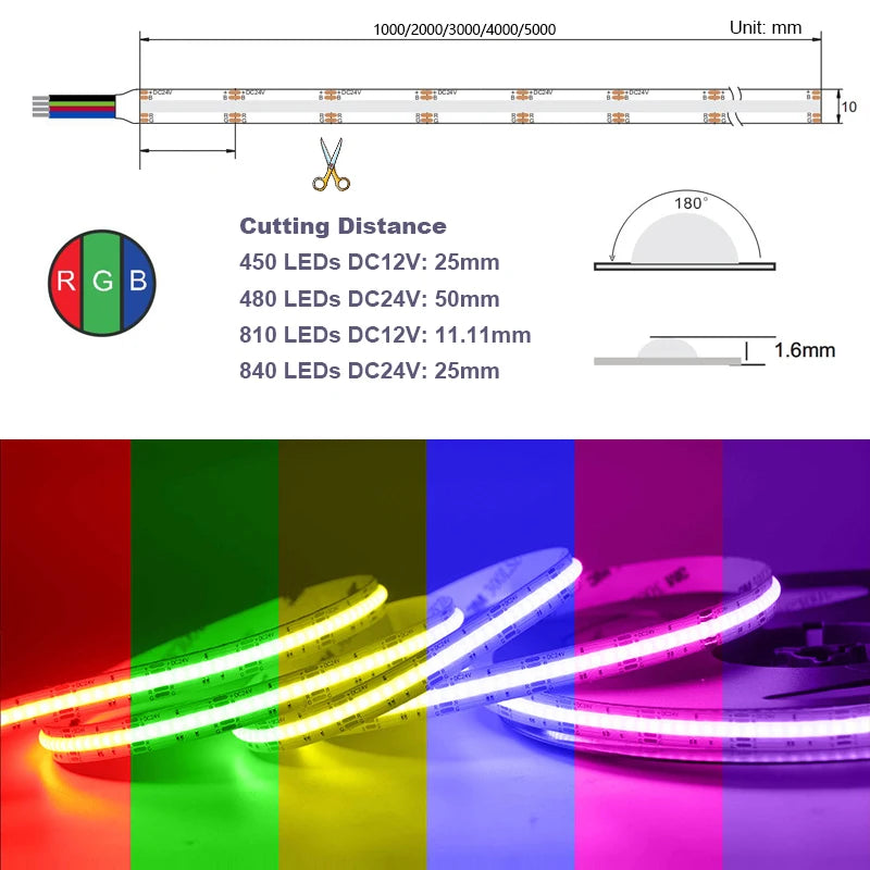 For Indoor Room Decor RGB Cob Strip Bar Meters 12V 24V Flexible