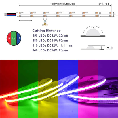 For Indoor Room Decor RGB Cob Strip Bar Meters 12V 24V Flexible