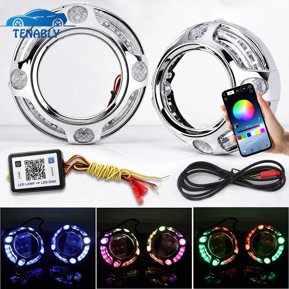 Inch Bi Projector Headlight Shroud Angel Eyes Dynamic RGB