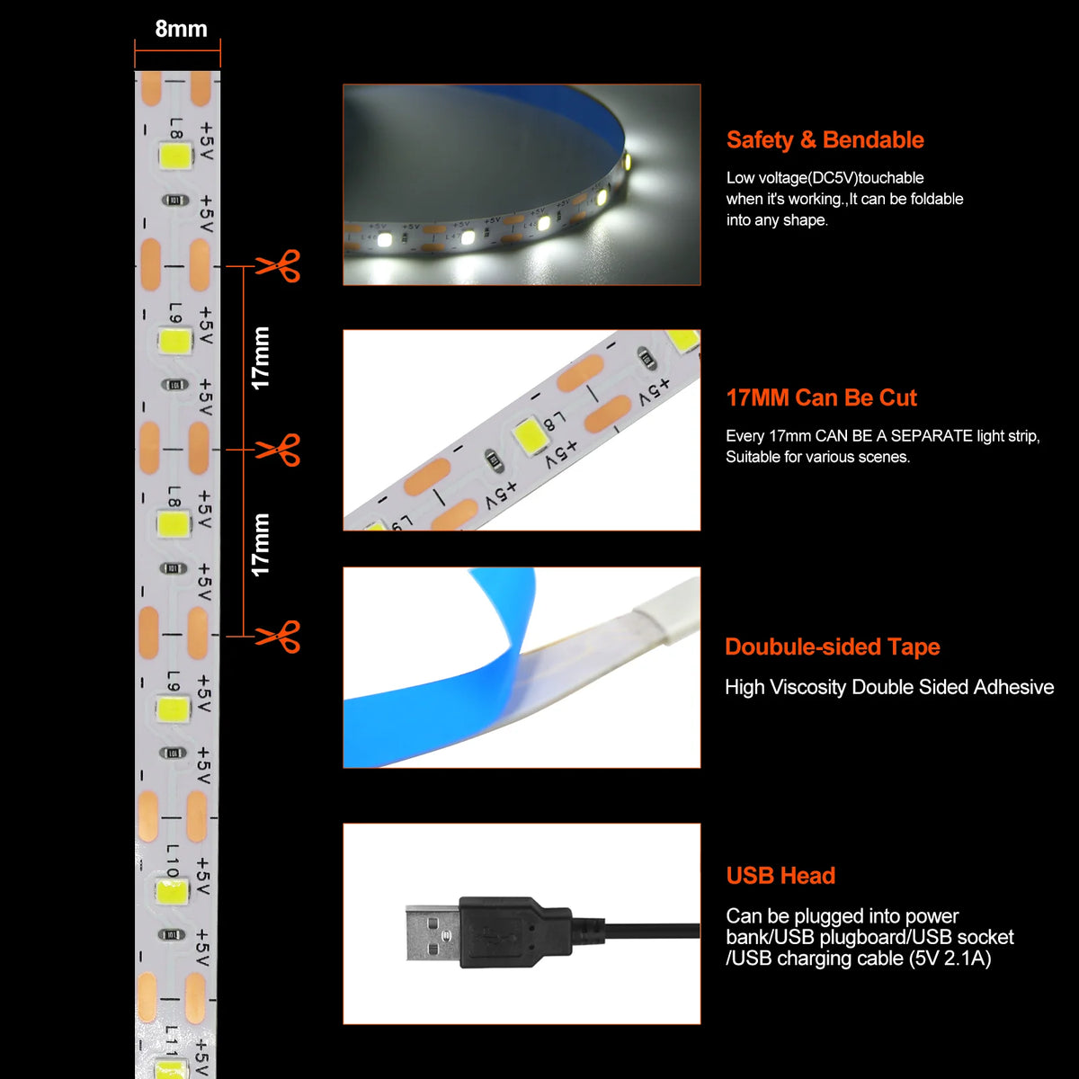 USB Strip dc5v 2835 Flexible Tape Warm Cold White