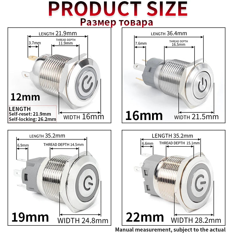 12 22MM Black Shell Push Button Switch Metal Waterproof