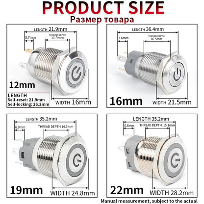 12 22MM Black Shell Push Button Switch Metal Waterproof