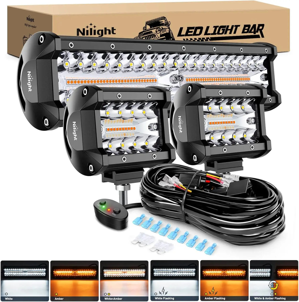 Nilight 12inch 300W Bar 2PCS 4inch 60W Pods Amber