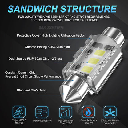 2X C5W Festoon C10W Canbus 44MM 3030 Smd Interior