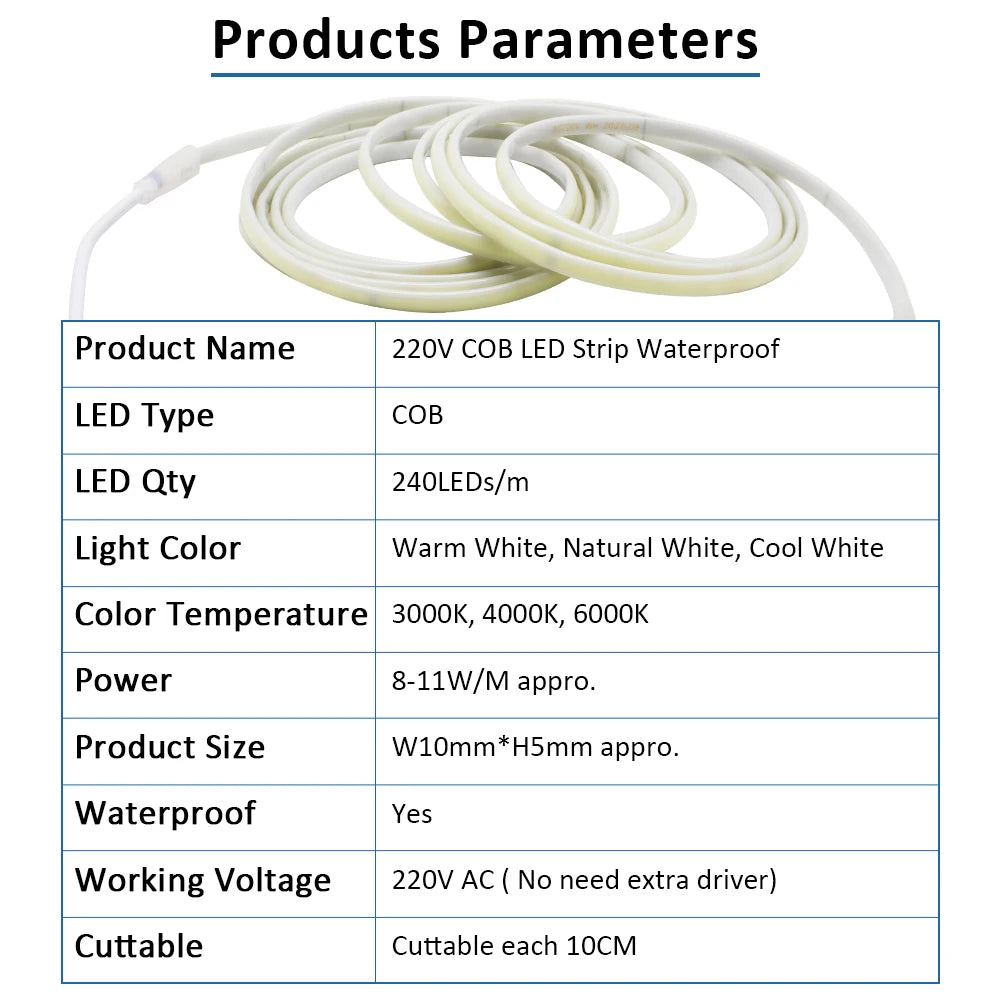 ac220v Cob Strip IP67 Waterproof Flexible Ribbon 2PIN Wire