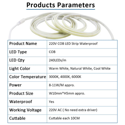 ac220v Cob Strip IP67 Waterproof Flexible Ribbon 2PIN Wire