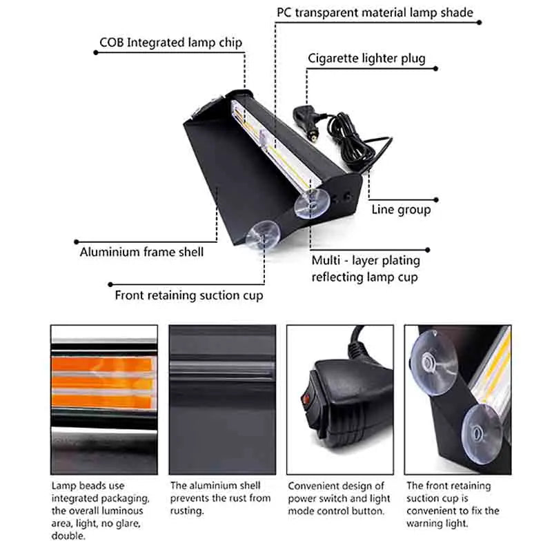 Cob Emergency Flasher Strobe Front Windshield Suction Cup Day