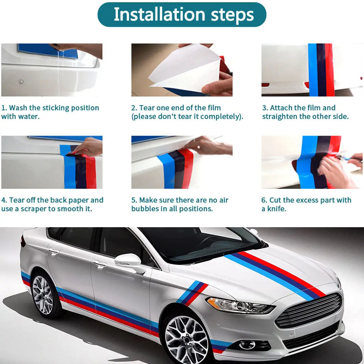 For BMW 117" 4.5m Sticker M Color Stripes Rally Side Hood Racing