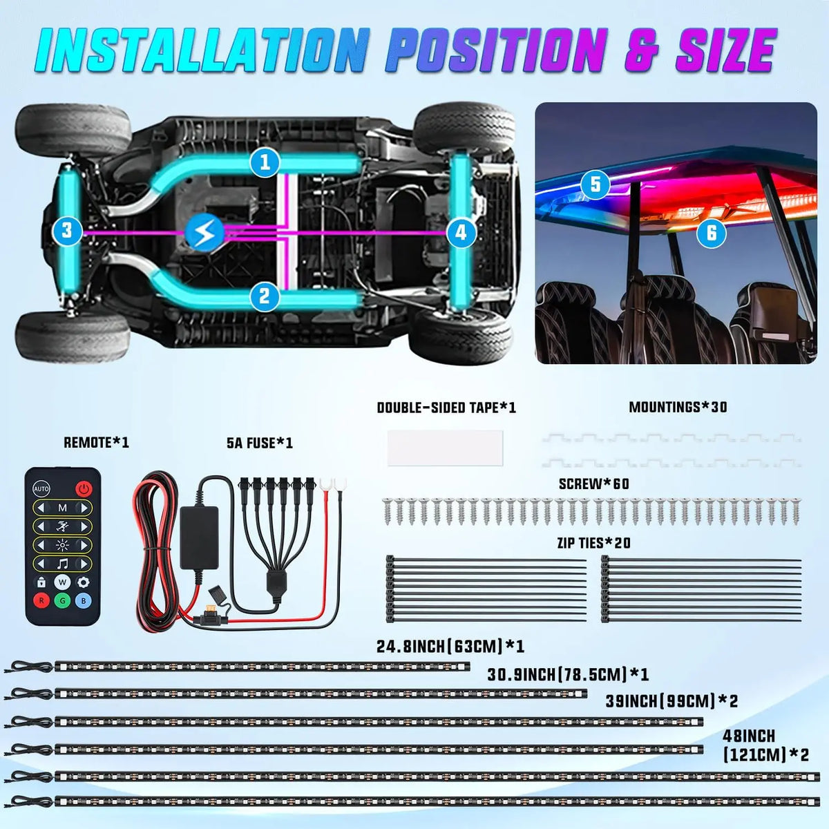 Nilight 6PCS Golf Cart Underbody Kit Neon Strip Remote