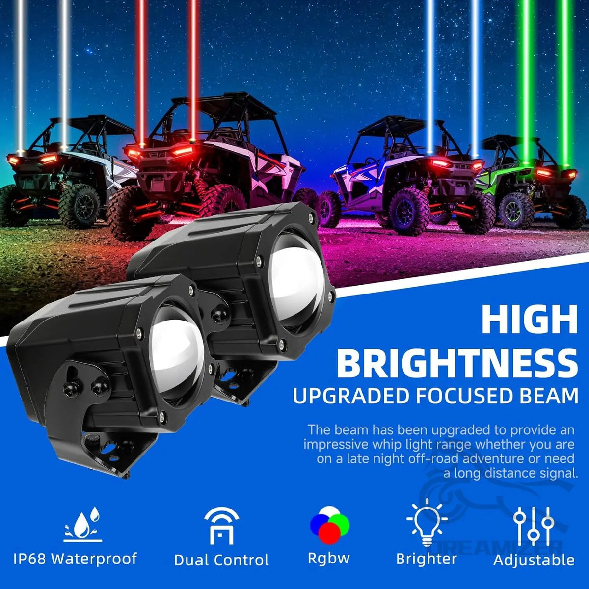 For Side By Side 2PCS Whipless Whip Lens Spot Beam Pod Rgbw Utv