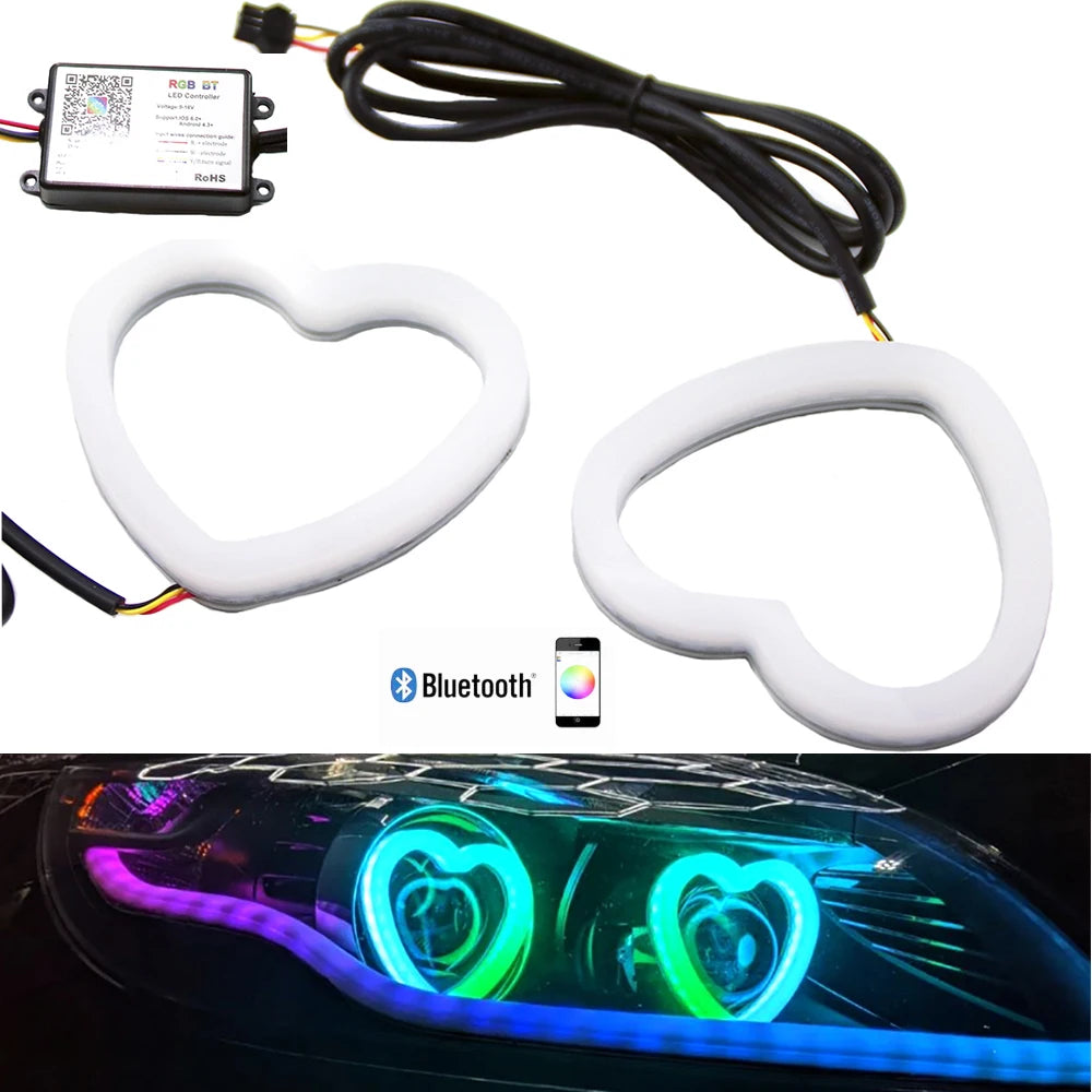 2PCS Colorful Modified Headlights Fog Love Aperture Mobile APP
