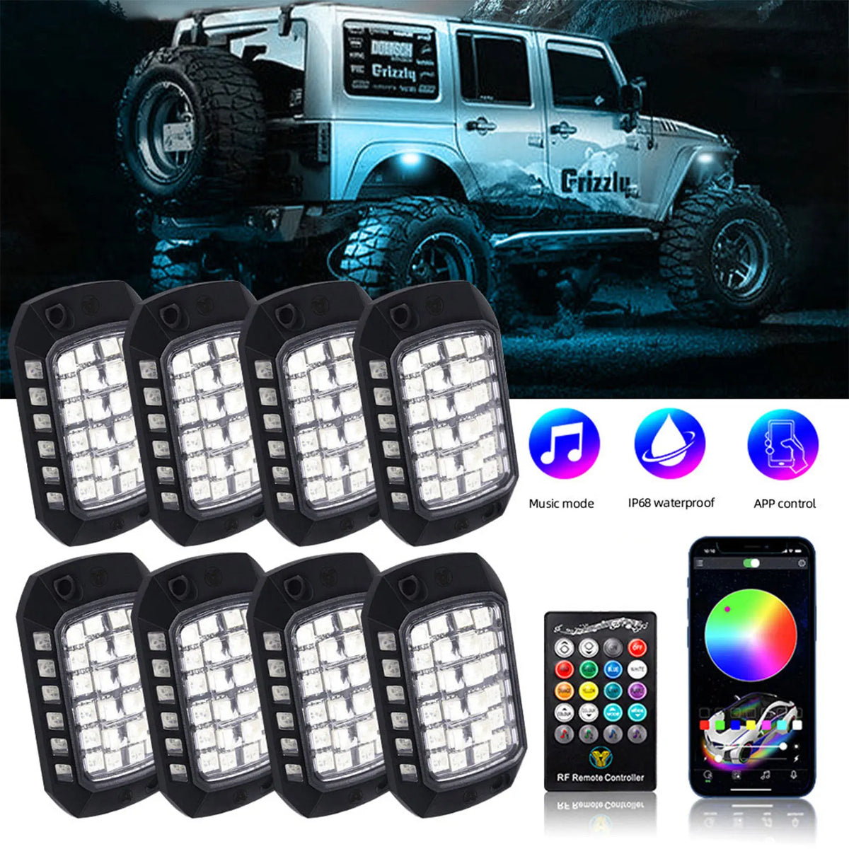 For Jeep 12PCS RGB Neon Rock 3D Lens Underglow Chassis Truck