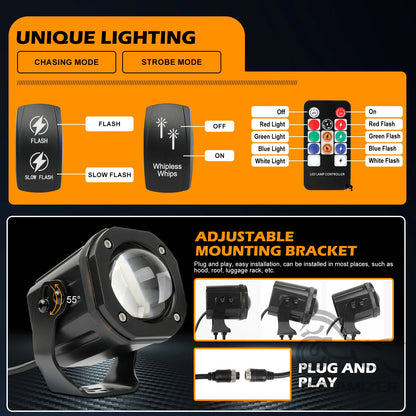 For Side By Side Whipless LED 2PCS Whip Pods Rgbw Spot Beam