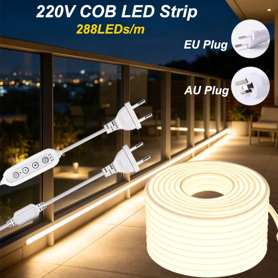 For Garden Decor IP65 Waterproof 220V Cob Strip 288leds M Au Eu