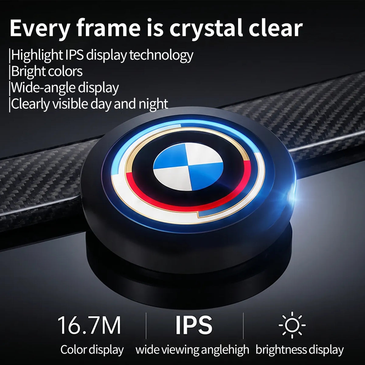 BMW LED emblem badge detail showing IPS display with 16.7M colors and animated light ring