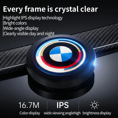 BMW LED emblem badge detail showing IPS display with 16.7M colors and animated light ring