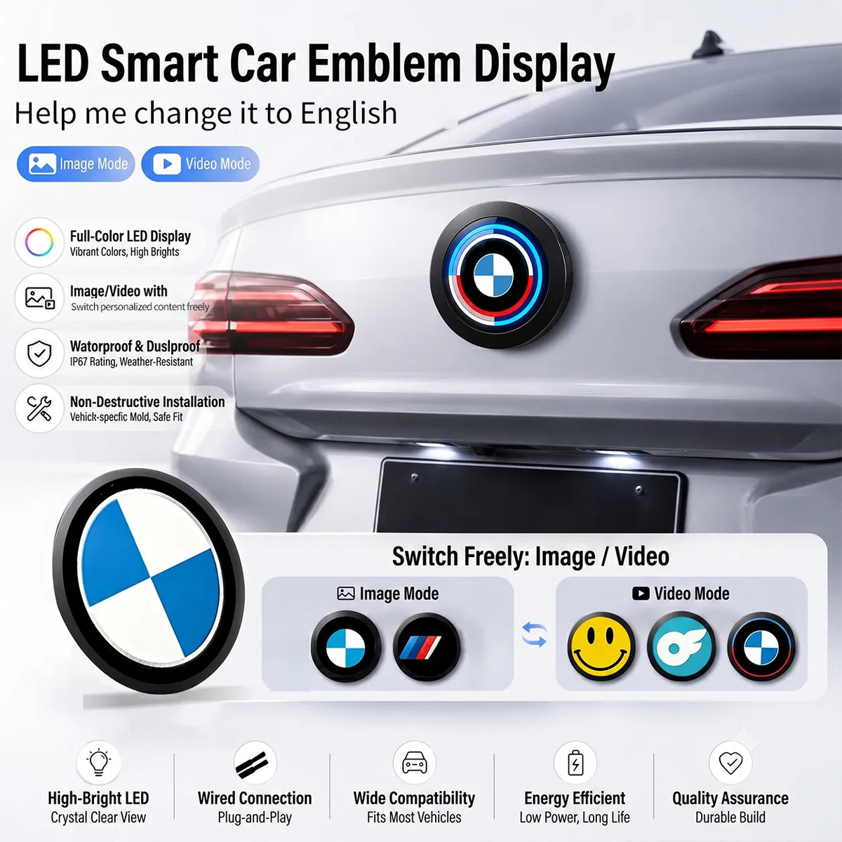 LED smart car emblem display features - image mode, video mode, full-color LED and IP67 waterproof
